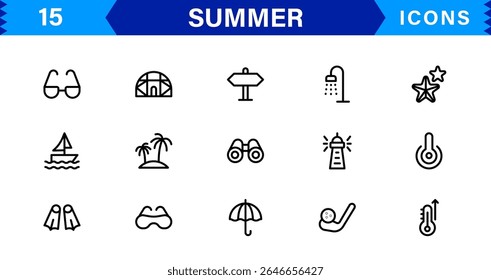 Summer Icon Set Featuring Beach, Sun, Vacation, Travel, and Fun Activities in a Fresh, Minimalist, and SEO-Friendly Vector Design