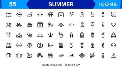 Summer Icon Set Featuring Beach, Sun, Vacation, Travel, and Fun Activities in a Fresh, Minimalist, and SEO-Friendly Vector Design