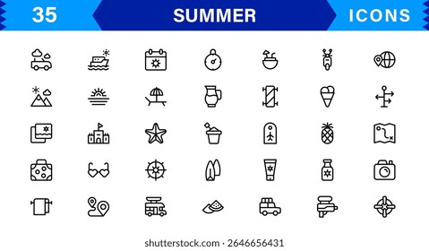 Summer Icon Set Featuring Beach, Sun, Vacation, Travel, and Fun Activities in a Fresh, Minimalist, and SEO-Friendly Vector Design