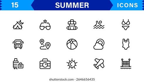 Summer Icon Set Featuring Beach, Sun, Vacation, Travel, and Fun Activities in a Fresh, Minimalist, and SEO-Friendly Vector Design