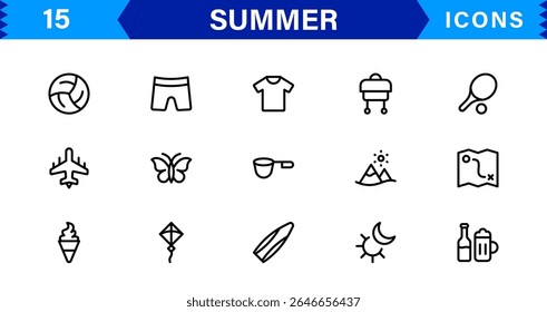 Summer Icon Set Featuring Beach, Sun, Vacation, Travel, and Fun Activities in a Fresh, Minimalist, and SEO-Friendly Vector Design