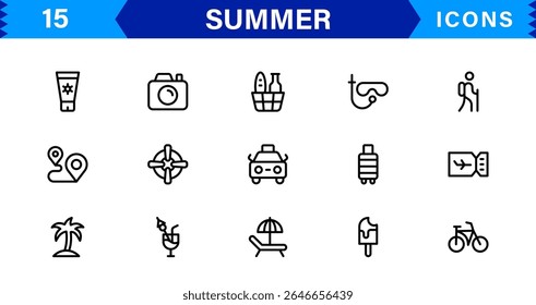 Summer Icon Set Featuring Beach, Sun, Vacation, Travel, and Fun Activities in a Fresh, Minimalist, and SEO-Friendly Vector Design