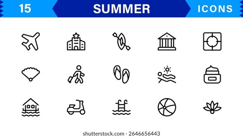 Summer Icon Set Featuring Beach, Sun, Vacation, Travel, and Fun Activities in a Fresh, Minimalist, and SEO-Friendly Vector Design