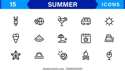 Summer Icon Set Featuring Beach, Sun, Vacation, Travel, and Fun Activities in a Fresh, Minimalist, and SEO-Friendly Vector Design