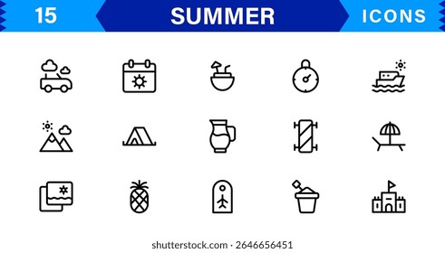 Summer Icon Set Featuring Beach, Sun, Vacation, Travel, and Fun Activities in a Fresh, Minimalist, and SEO-Friendly Vector Design