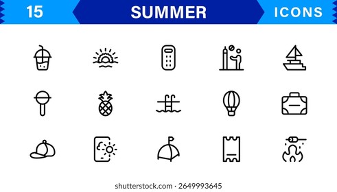 Summer Icon Set Com Praia, Sol, Férias, Viagens e Diversão Atividades em um design de vetor fresco, minimalista e SEO-Friendly