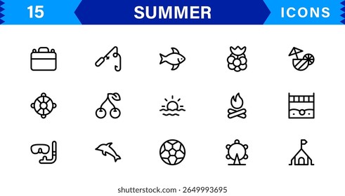 Conjunto de iconos de verano con actividades de playa, sol, vacaciones, viajes y diversión en un diseño de Vector fresco, minimalista y amigable con el SEO