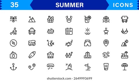 Summer Icon Set Featuring Beach, Sun, Vacation, Travel, and Fun Activities in a Fresh, Minimalist, and SEO-Friendly Vector Design