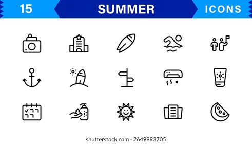 Summer Icon Set Featuring Beach, Sun, Vacation, Travel, and Fun Activities in a Fresh, Minimalist, and SEO-Friendly Vector Design