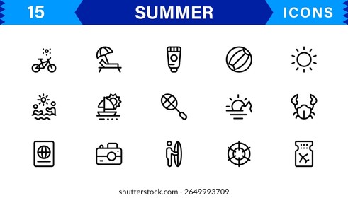 Summer Icon Set Featuring Beach, Sun, Vacation, Travel, and Fun Activities in a Fresh, Minimalist, and SEO-Friendly Vector Design