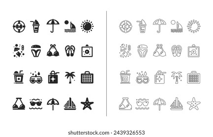 Summer icon set in fill and outline style