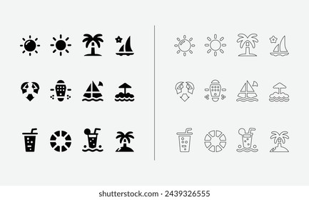 Summer icon set in fill and outline style