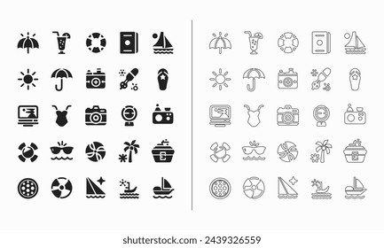 Summer icon set in fill and outline style