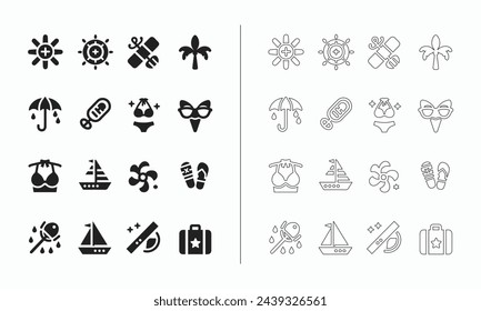 Summer icon set in fill and outline style