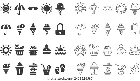 Summer icon set in fill and outline style