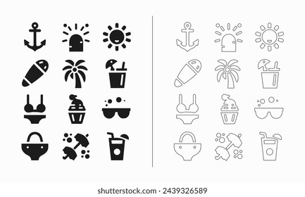 Summer icon set in fill and outline style