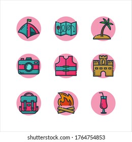 Summer Icon Set Filled Outline Style Collection. Tent Camping Bonfire Illustration Conceptual