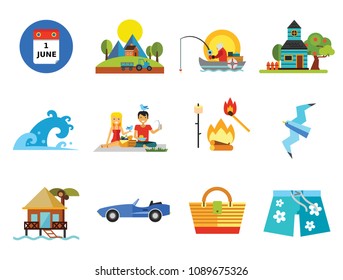 Summer Icon Set. First June Calendar Page Summer Tree Fishing Summer Cottage Hawaiian Shorts Summer Time Seagull Campfire Picnic Sea Wave Cabriolet Hotel On Water Beach Bag