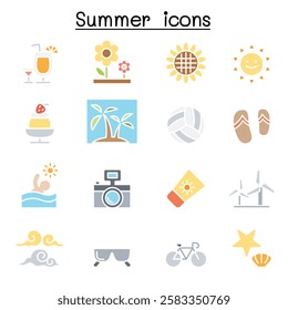 Summer icon set in flat color style