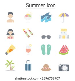 Summer icon set in flat color style