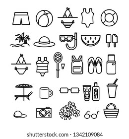 Summer icon set. Set of graphic icons for summertime and vacation themes. Isolated line icons for web design and infographic