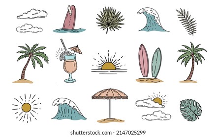 Summer icon set, hand drawn illustration.