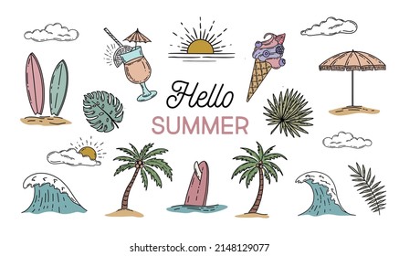Sommersymbol-Set, handgezeichnete Illustration.
