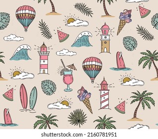 Summer icon set, hand drawn illustration.	
