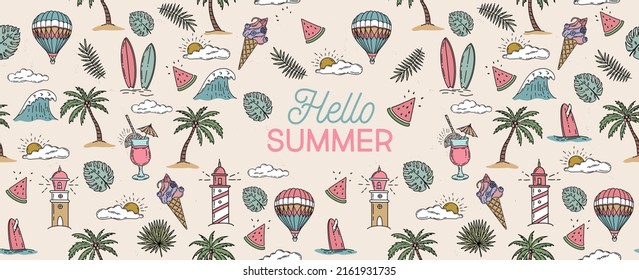 Summer icon set, hand drawn illustration.	