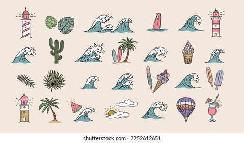 Summer icon set, hand drawn illustration.