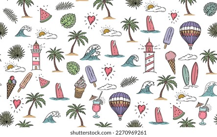 Summer icon set, hand drawn illustration.