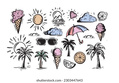 Summer icon set, hand drawn illustrations