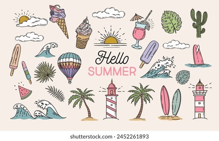 Summer icon set, hand drawn illustration.	