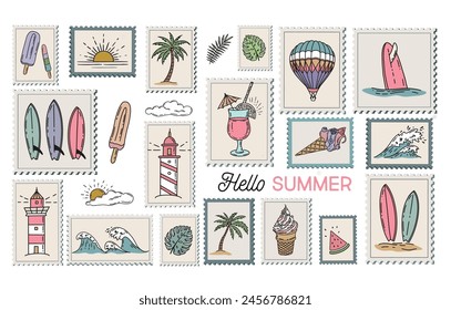 Summer icon set, hand drawn illustration.	