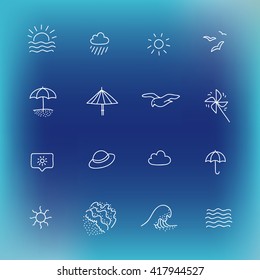 Summer icon set. Hand drawn vector line icons for website design, printed products of travel company. Weather at seaside. Beach: sunny, cloudy, windy, rain, hot. Parasol, waves, umbrella, straw hat