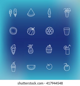  Summer icon set. Hand drawn vector line icons for travel company. Summer tasty and healthy treats and drinks. Ice lolly, ice-cream cone, watermelon slices, cocktail, pineapple, cake, fruit