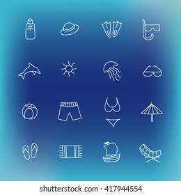 Summer icon set. Hand drawn design element. Collection of vector line icons. Suitable for website design or printed products of travel company. Items related to the beach and swimming in the sea
