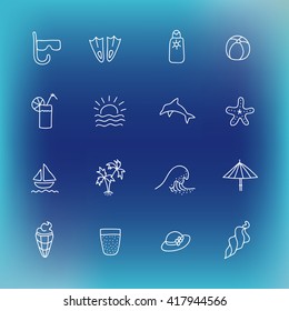Summer icon set. Hand drawn design element. Collection of vector line icons. Suitable for website design or printed products of travel company. Rest on sea shore, tanning on beach, diving into ocean