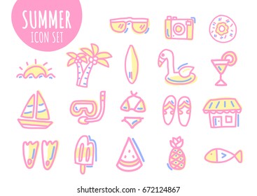 Summer icon set hand drawn. line drawing. vector illustration. and doodle art.