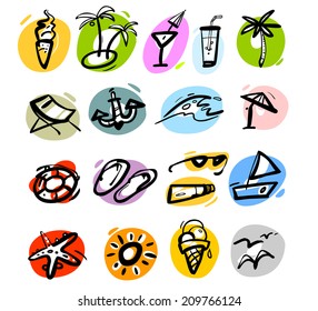 Summer icon set. Hand-drawn. Multicolored.