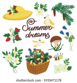 Summer icon set with hat, strawberry, fir tree branch, flower basket, flowers. birds and a little bee - vector illustration on white background
