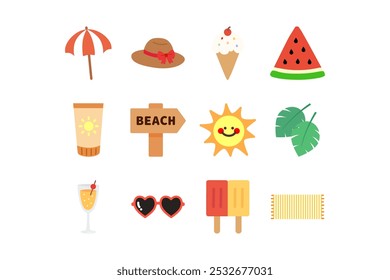 Summer icon set. Holiday, summertime, vacation, relax, travel, outdoor concepts. Flat vector design isolated illustration.