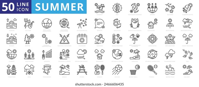 Summer icon set with hot, temperate season, spring, autumn, picnic, sunrise, sunset, climate, tradition and culture.