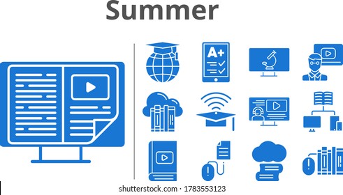 summer icon set. included cloud library, cloud, e-reader, books, e-book, teacher, cap, instructor, school, click, microscope icons. filled styles.