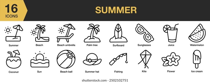 Summer icon set. Includes beach ball, coconut, juice, kite, palm tree, surf board, and More. Outline icons vector collection.