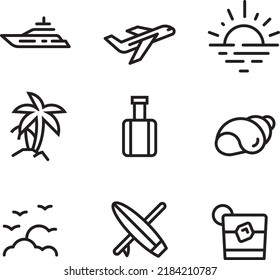 Summer icon set  includes boat or yacht, airplane taking off, sunset or sunrise over the ocean, palm trees, travel suitcase, seashell, birds flocking over the cloud breaks, surfboards and a cocktails.
