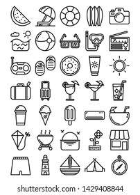 Summer Icon Set in Line Style. Included icons such as Beachball, Drinks, Sun, Umbrella and more. Pixel perfect and scalable icons.