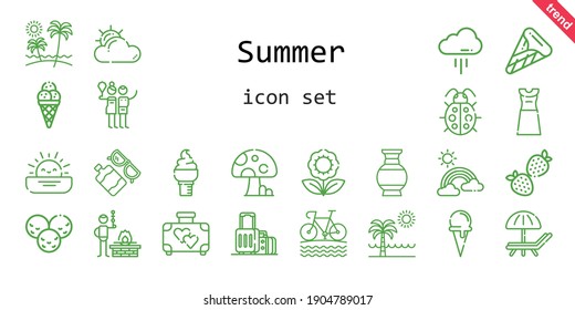 summer icon set. line icon style. summer related icons such as sun lotion, dress, ice cream cone, suitcase, birch, strawberry, vase, ladybug, flower, bike, bbq, cloud, rainbow, cloudy, ice cream