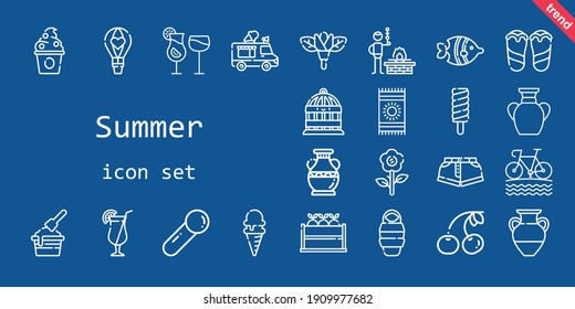 summer icon set. line icon style. summer related icons such as cherry, scoop, beach towel, fruit, cocktails, bird cage, vase, popsicle, flower, bike, frozen yogurt, bbq, hot air balloon, ice cream