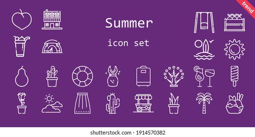 summer icon set. line icon style. summer related icons such as plum, tent, dress, surfboard, cocktails, fruit, tree, float, sun, popsicle, cloudy, farm house, palm tree, food stand, swing
